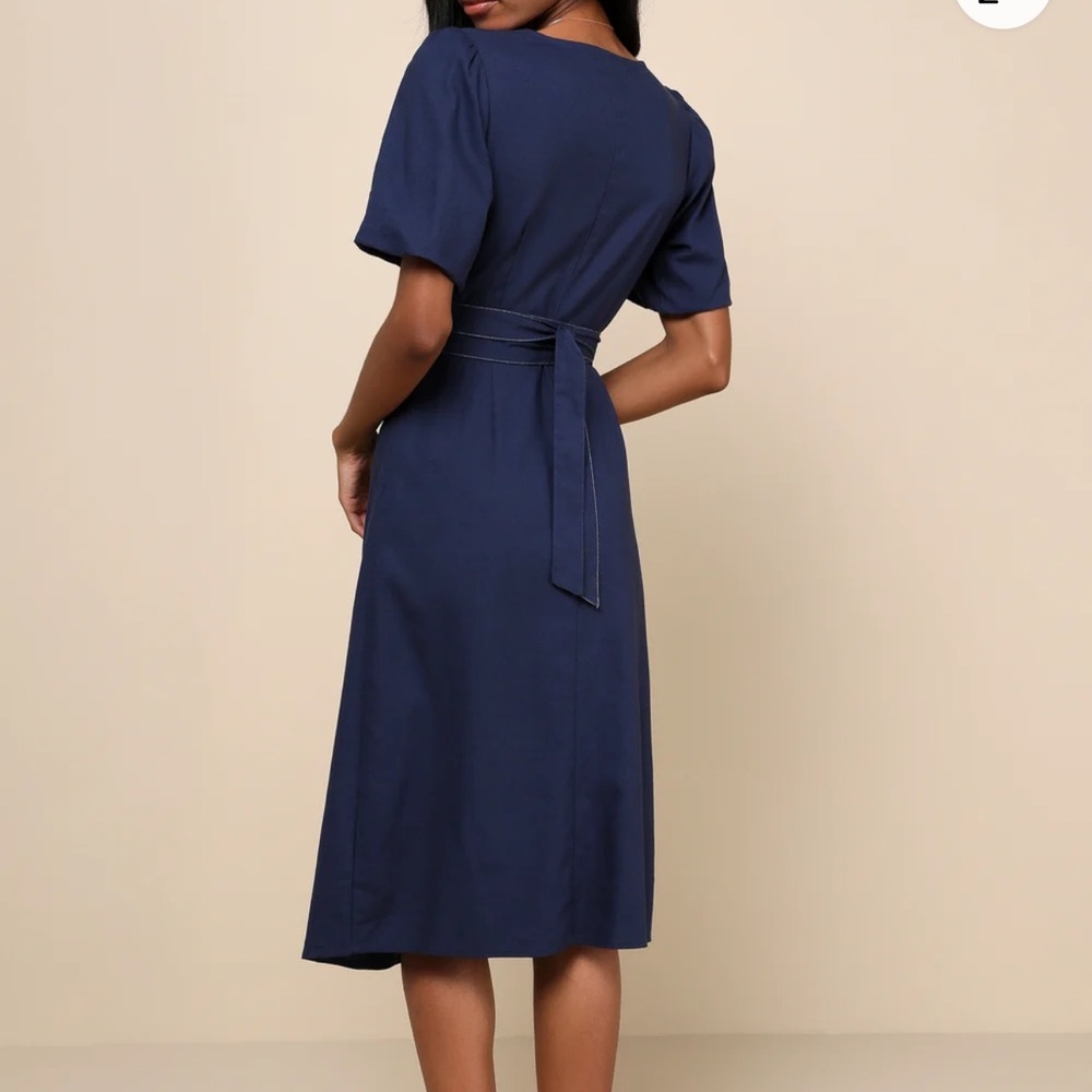 Lulu’s (NWT) Navy Blue Linen Wrap Front Cutout Midi Dress - Picture 3 of 7